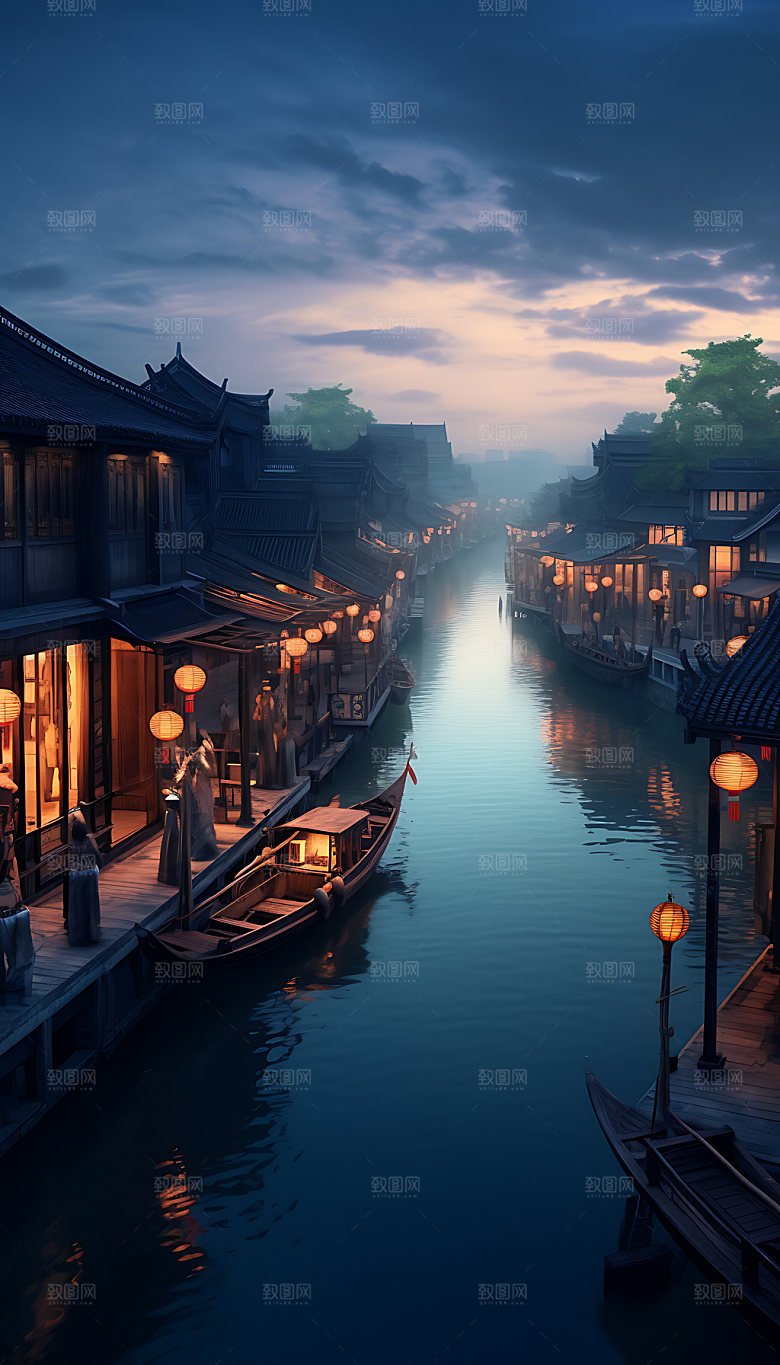 古镇中国风小镇插画