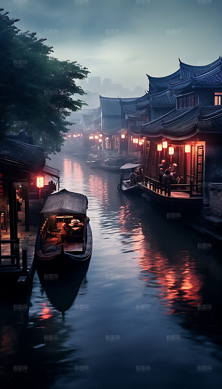 古镇中国风水乡插画