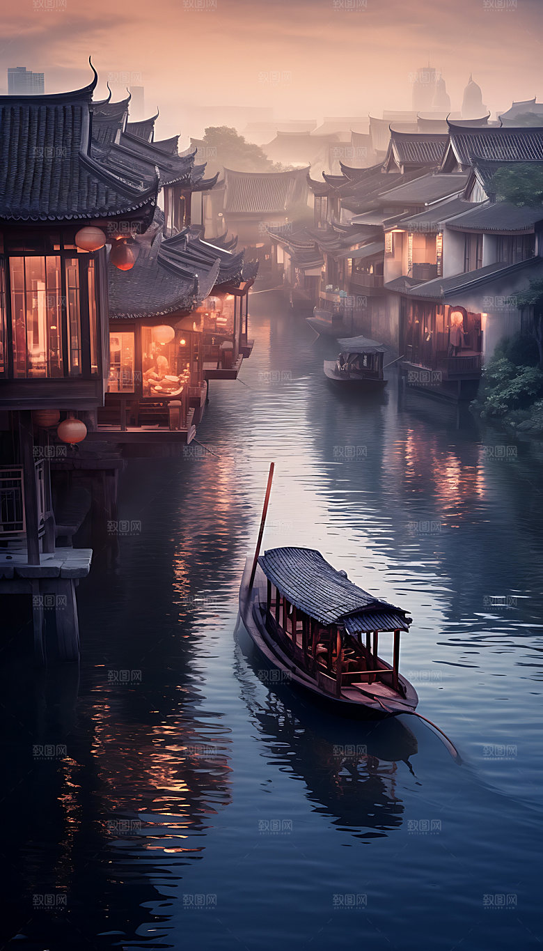 古镇江南小桥流水插画