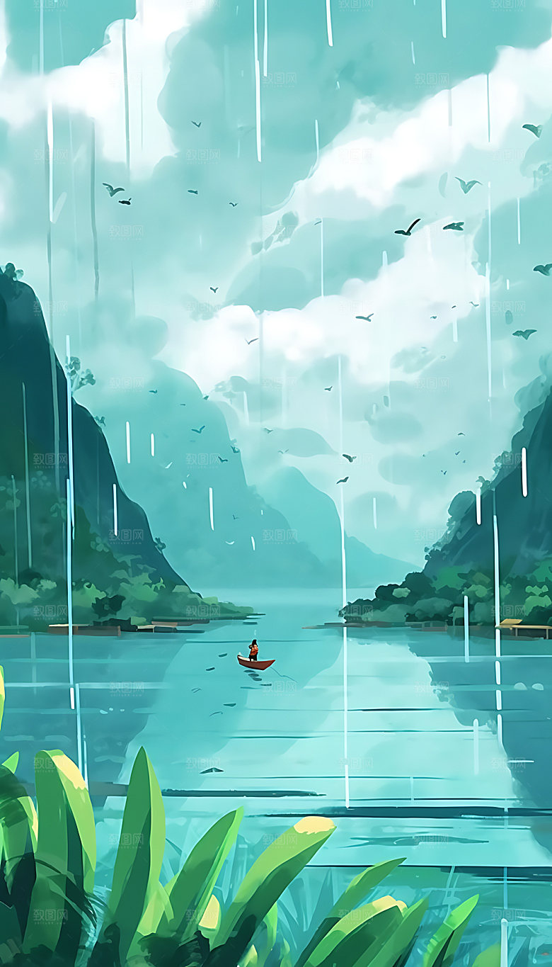 谷雨二十四节气时雨插画