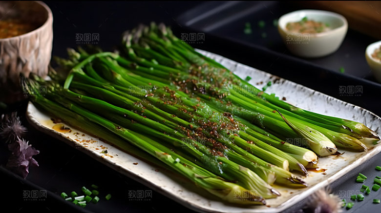 烤韭菜烧烤美味摄影图