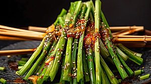 烤韭菜蔬菜美食摄影图