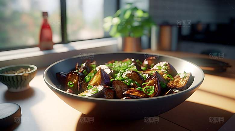 蒜蓉烤茄子特写美食摄影图