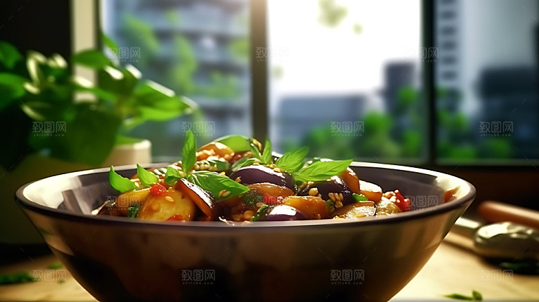 蒜蓉烤茄子蔬菜高清摄影图