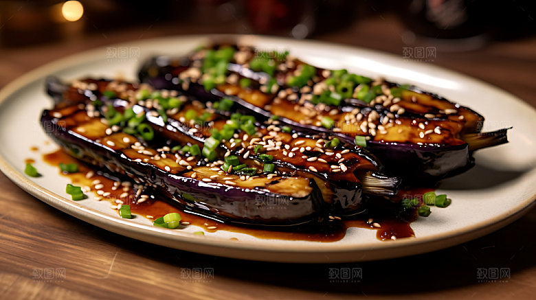 蒜蓉烤茄子美味特写摄影图