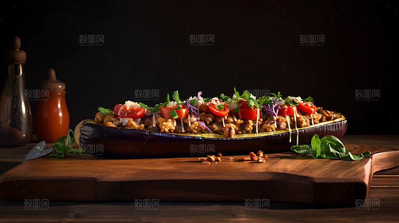 蒜蓉烤茄子特写夏季摄影图