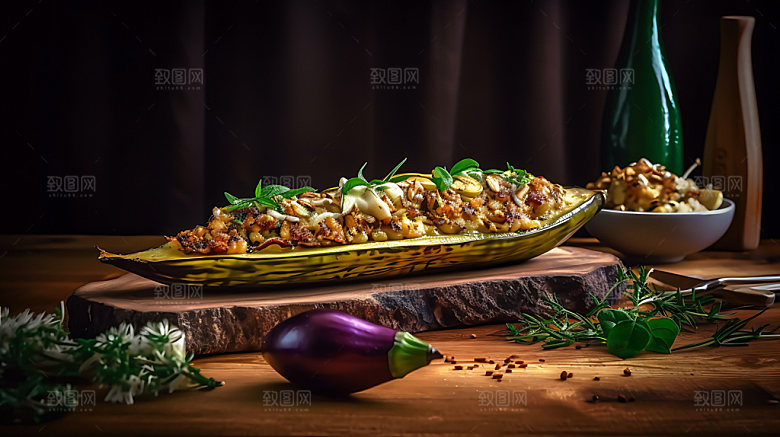 蒜蓉烤茄子烧烤特写摄影图