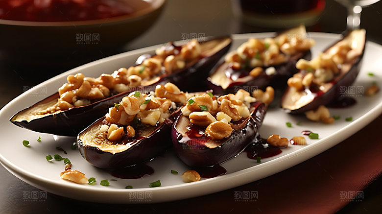 蒜蓉烤茄子蔬菜烧烤摄影图