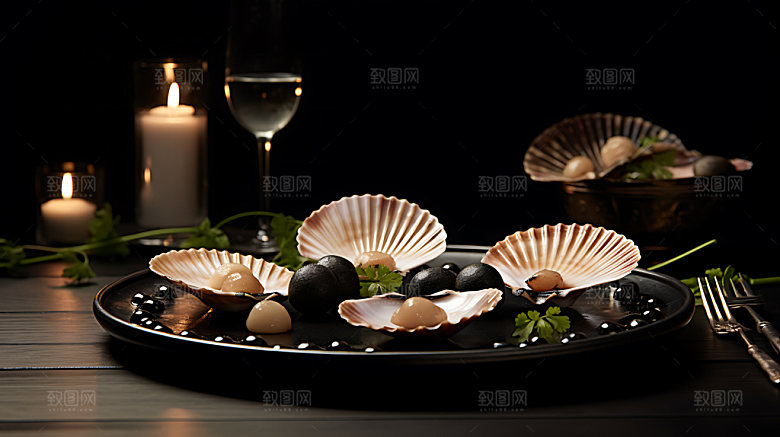 烤扇贝特写海鲜摄影图
