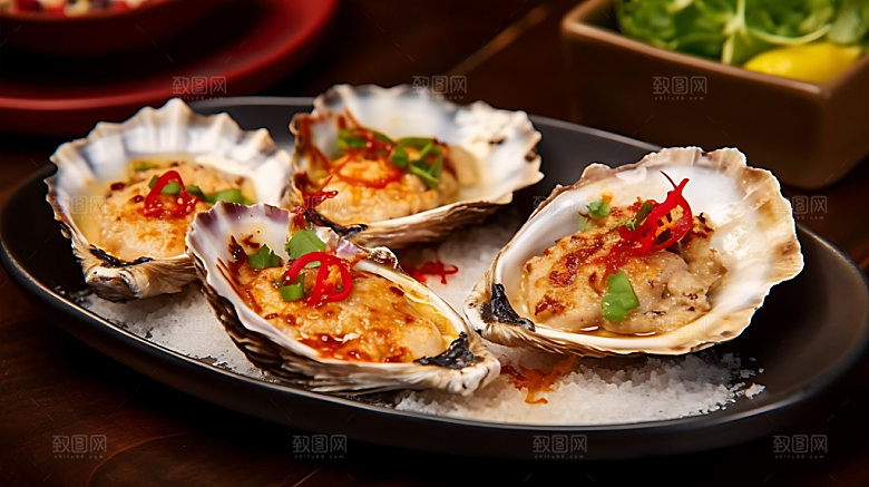 烤扇贝海鲜特写摄影图