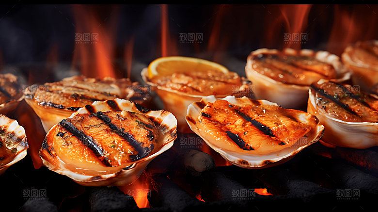 烤扇贝美食夏日摄影图