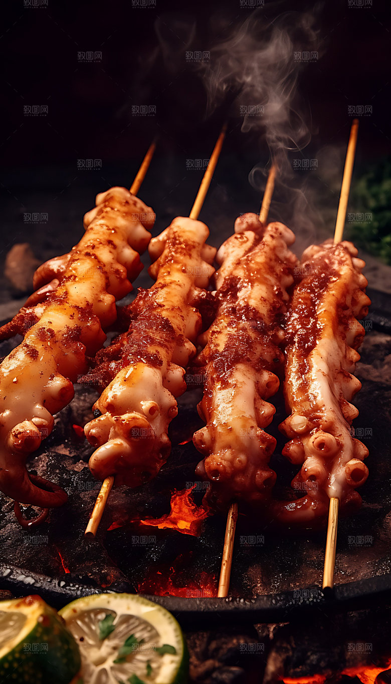 烤鱿鱼夏日美食摄影图