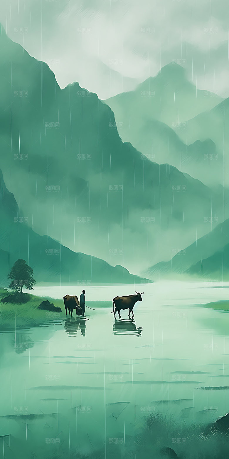 清明春天下雨插画