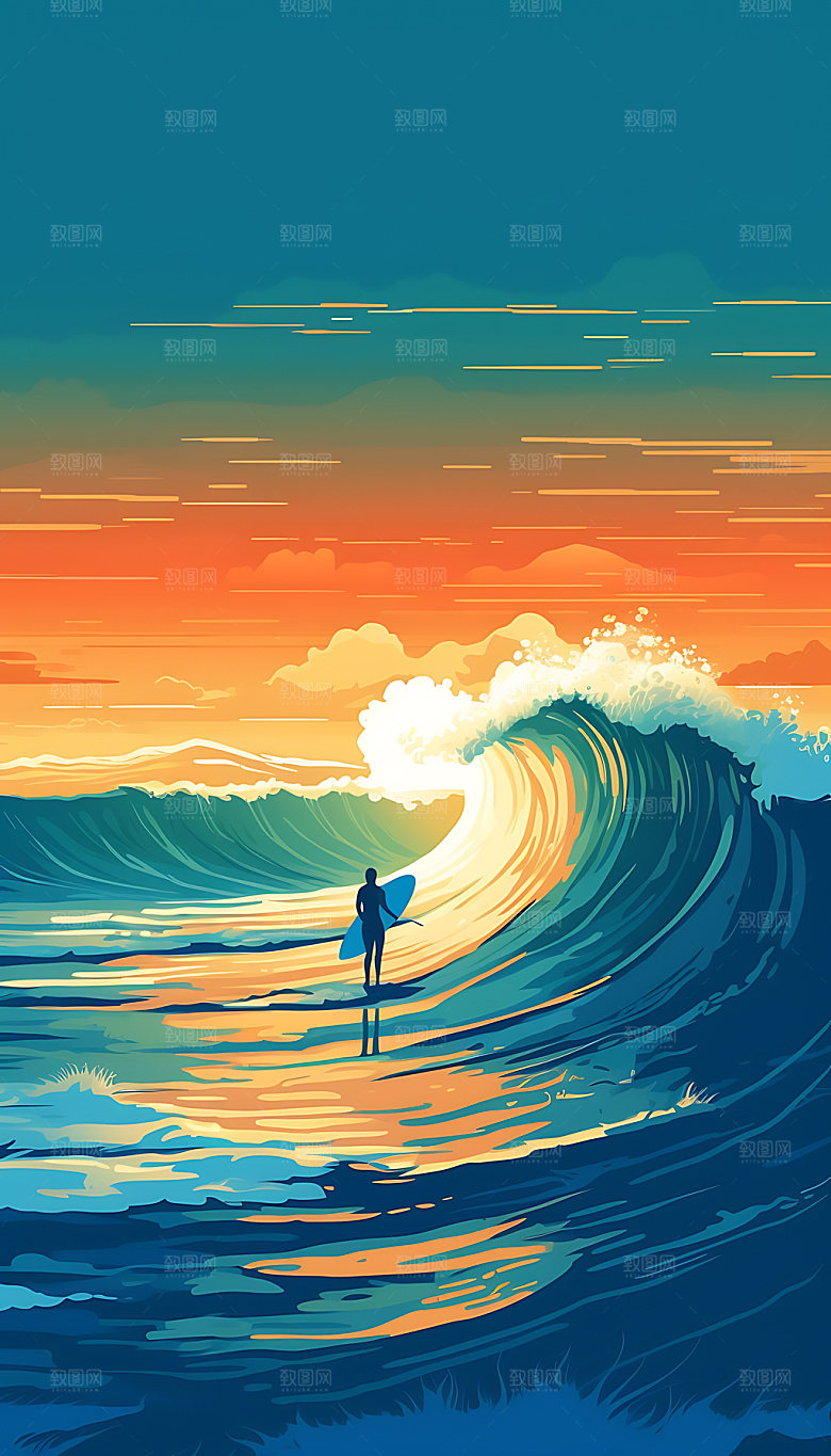 扁平风冲浪游泳运动插画