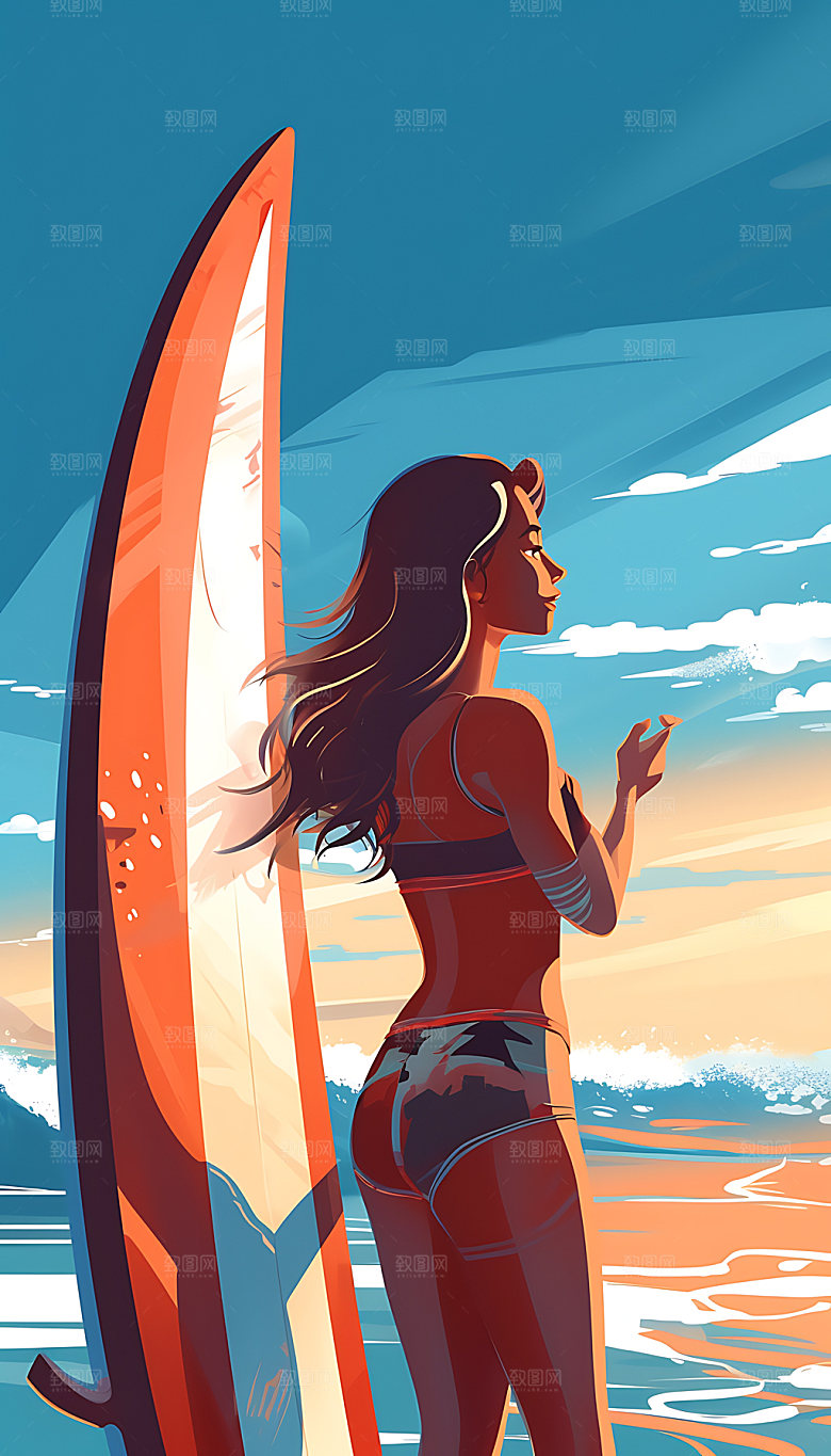 扁平风冲浪运动夏日插画