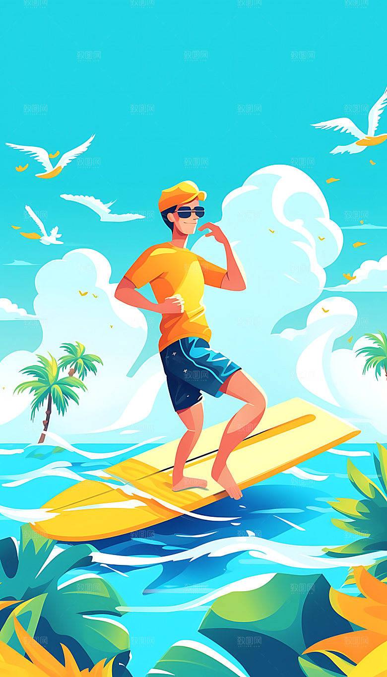 扁平风冲浪海滩健身插画
