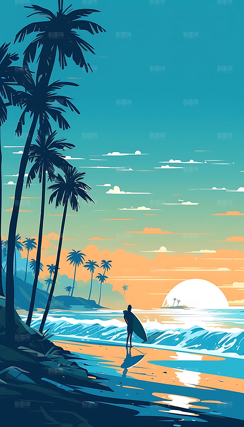 扁平风冲浪海滩运动插画