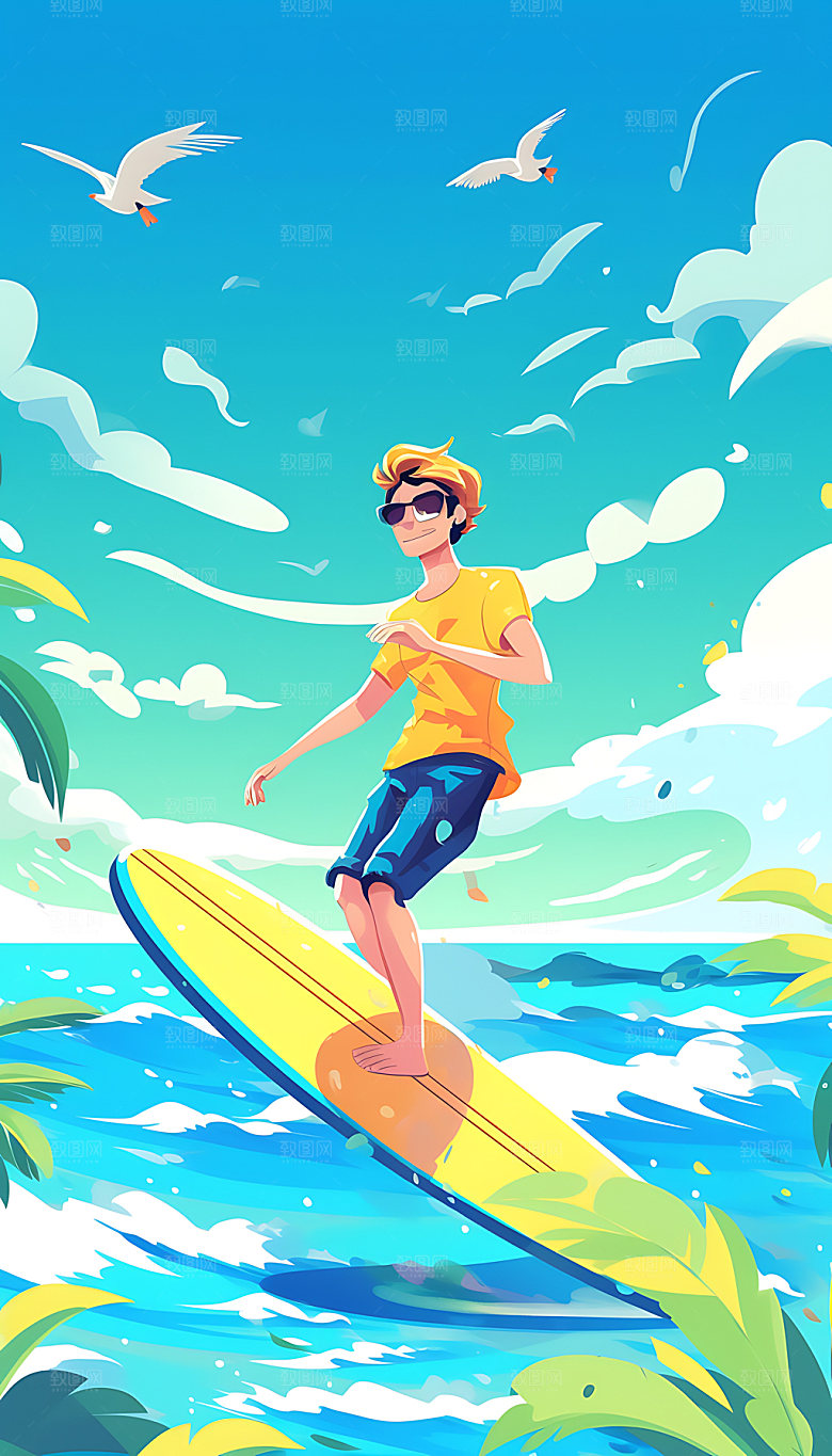 扁平风冲浪运动夏季插画