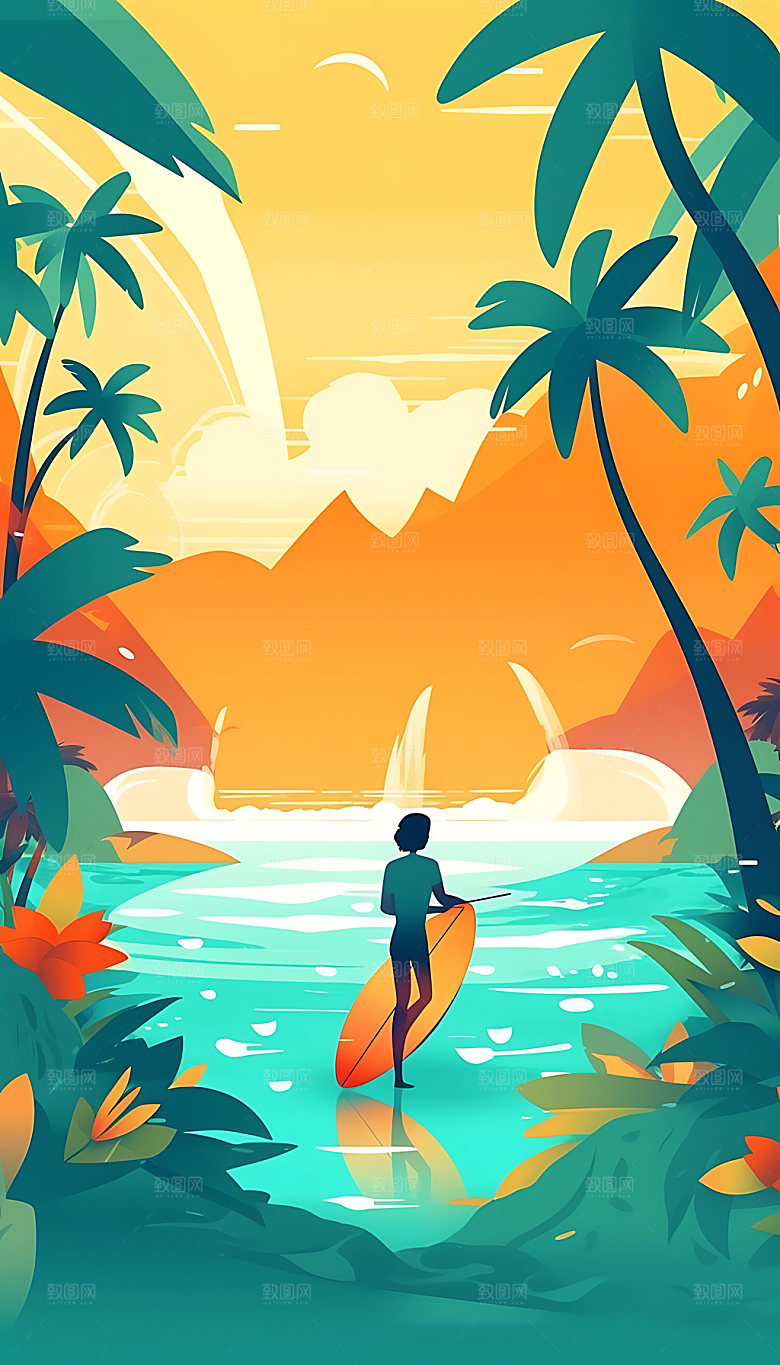 扁平风冲浪运动夏日插画