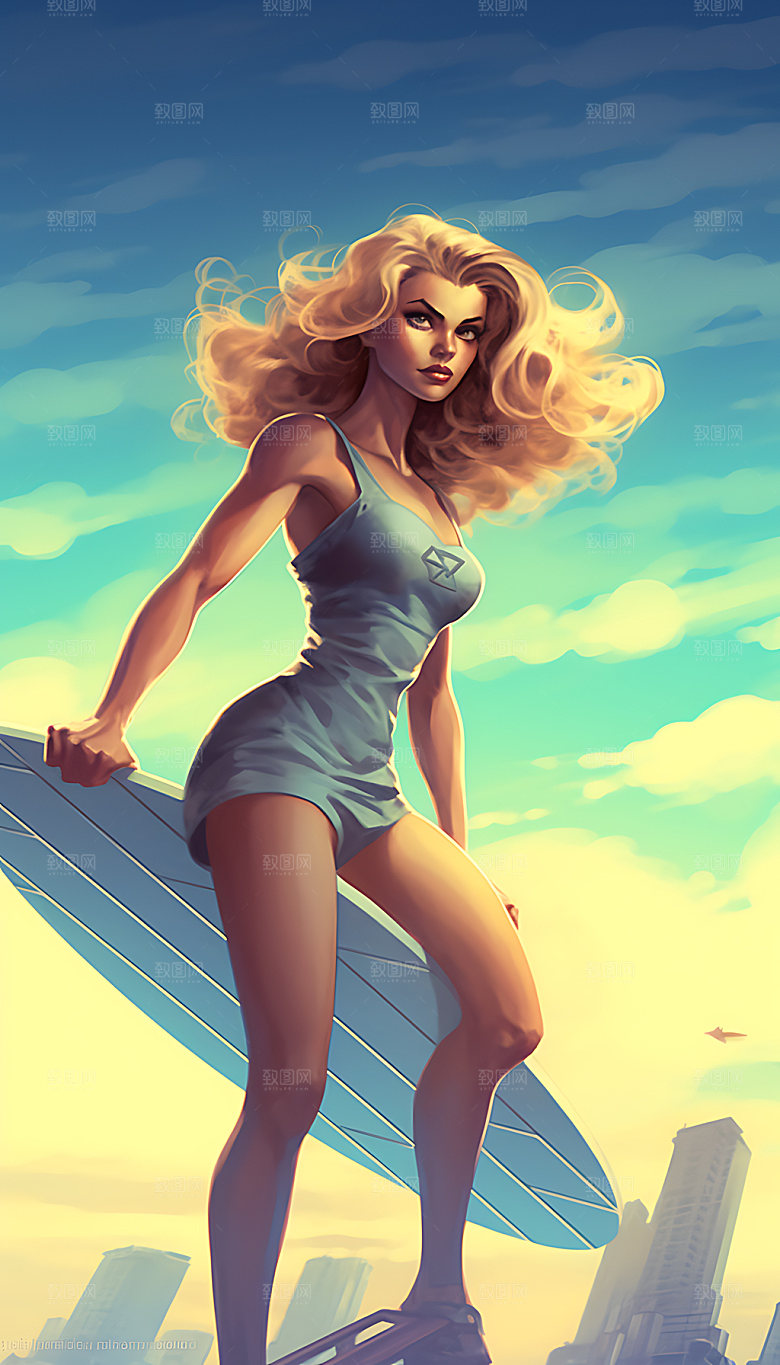 扁平风冲浪夏日夏季插画