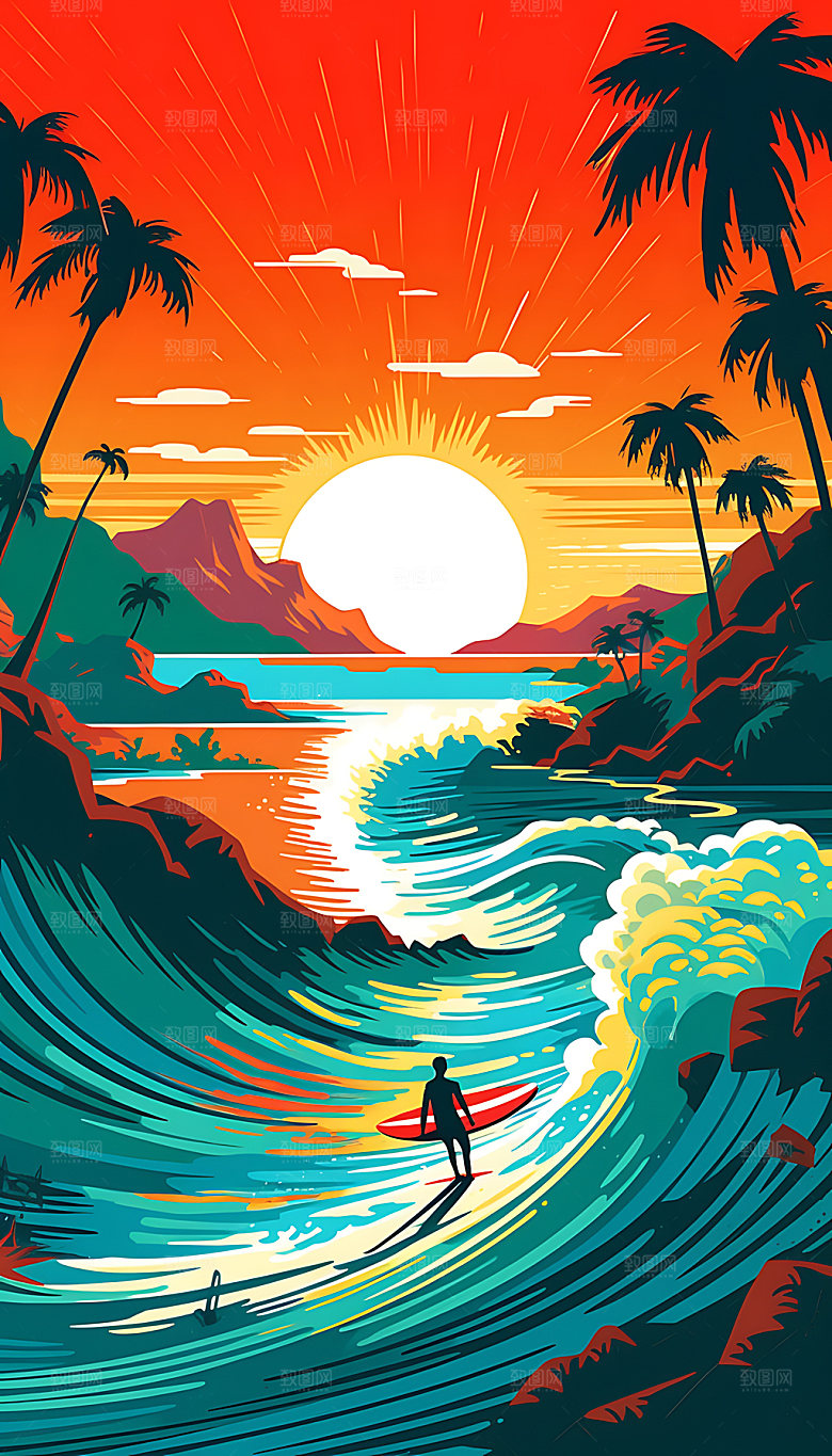 扁平风冲浪运动度假插画