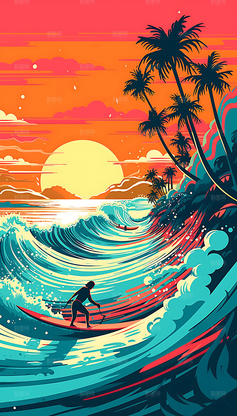 扁平风冲浪海边度假插画