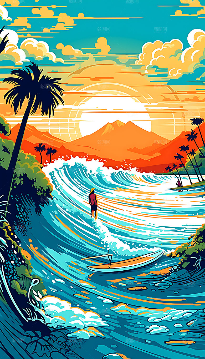 扁平风冲浪海边夏日插画