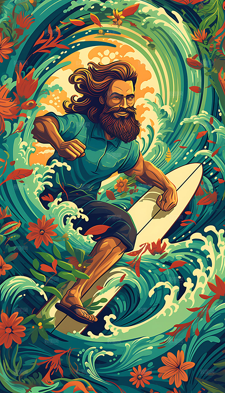 扁平风冲浪海边海滩插画