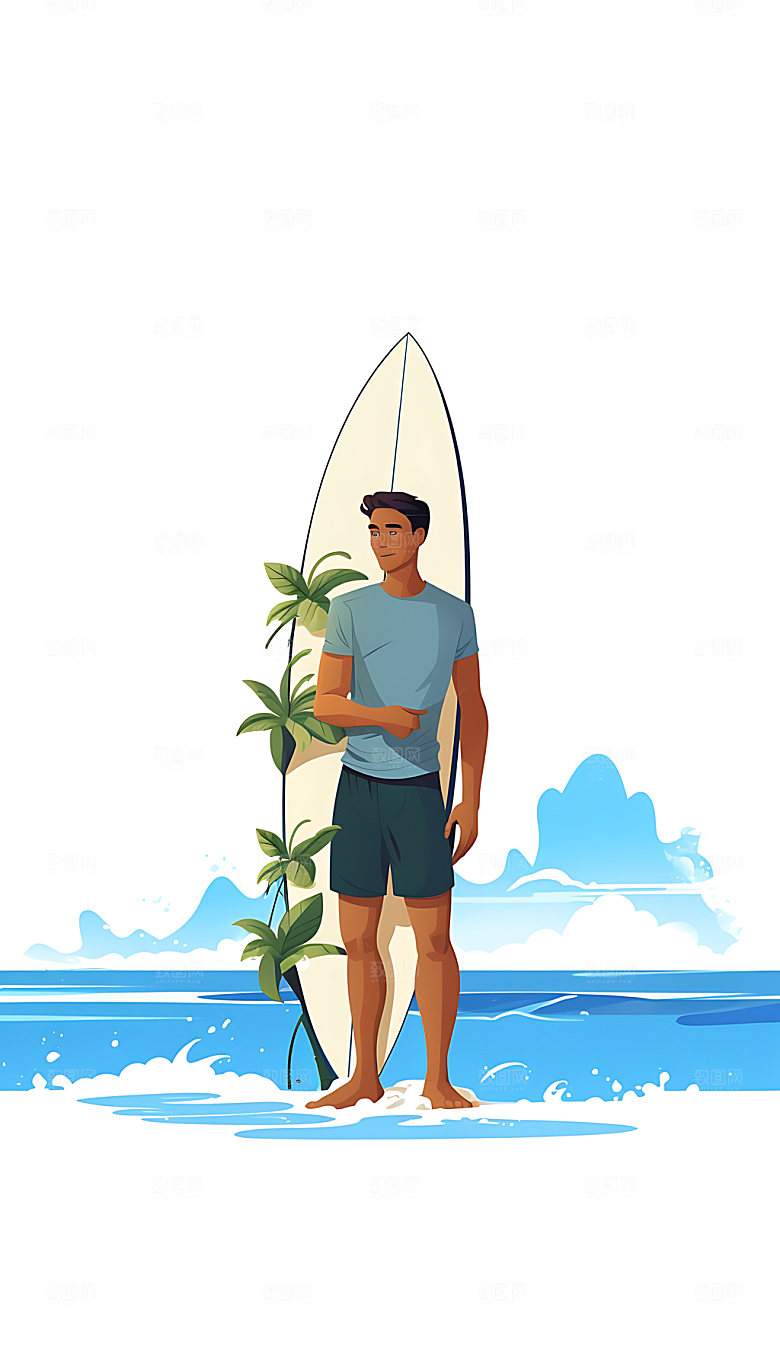 扁平风冲浪夏季健身插画