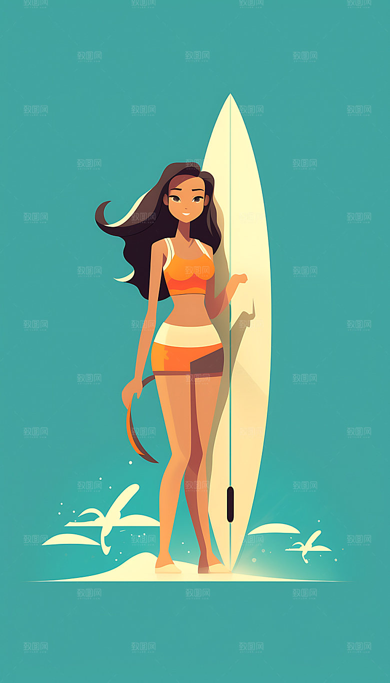 扁平风冲浪夏日夏季插画