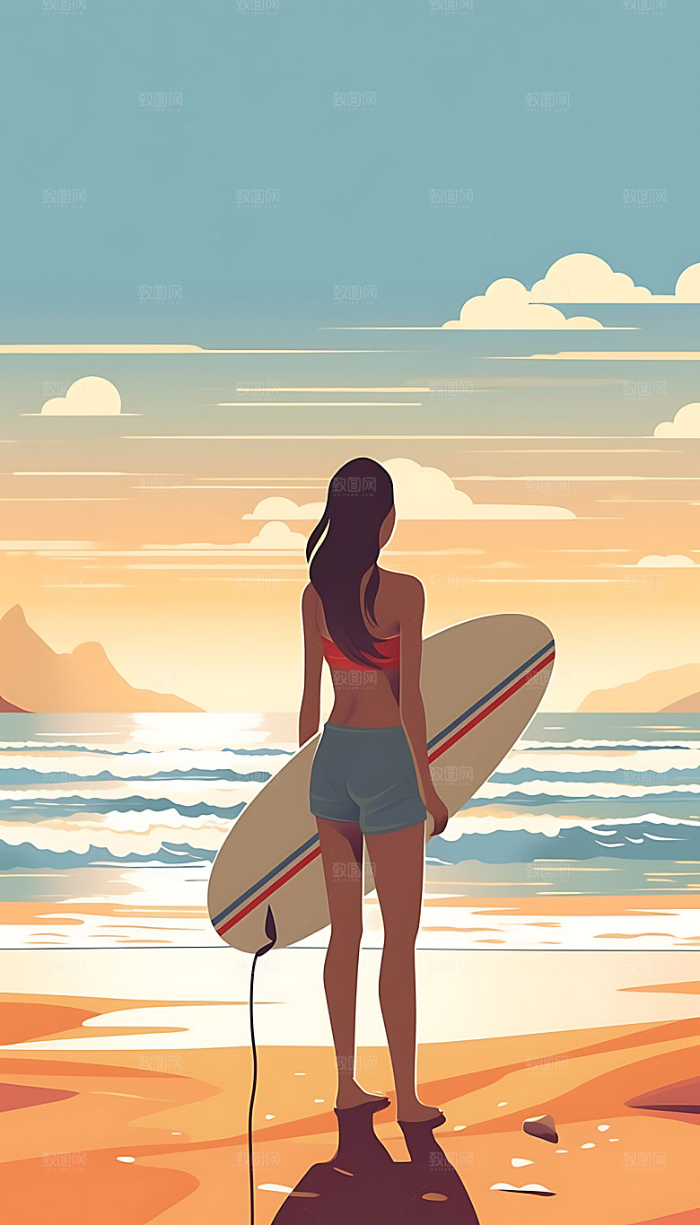扁平风冲浪度假夏季插画