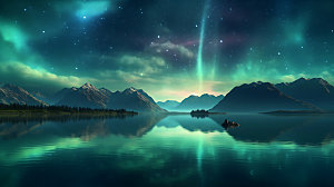 极光星空湖泊摄影图