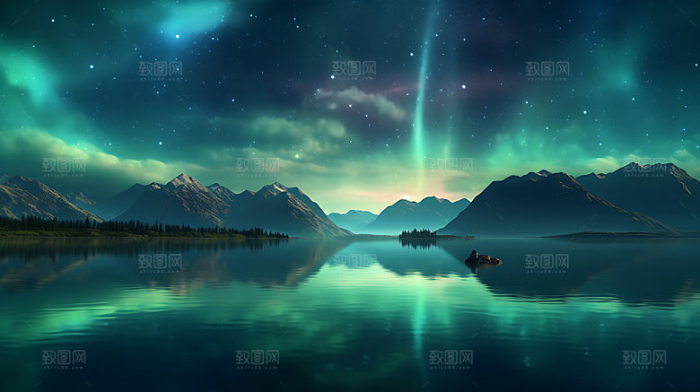 极光星空湖泊摄影图
