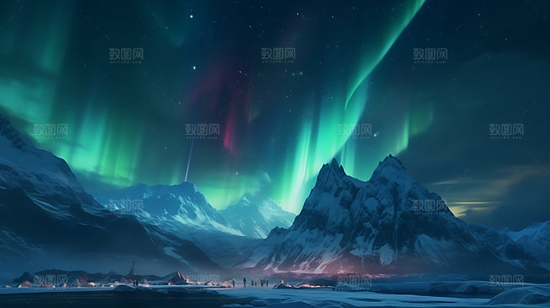 极光夜景湖泊摄影图