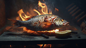 烤秋刀鱼美味热辣摄影图