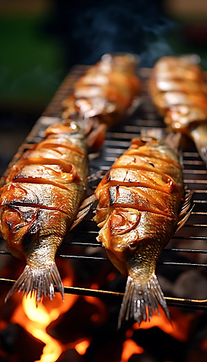 烤秋刀鱼烤串夏季摄影图