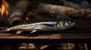 烤秋刀鱼夏季海鲜摄影图