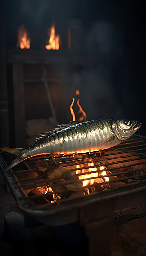 烤秋刀鱼烧烤美食摄影图