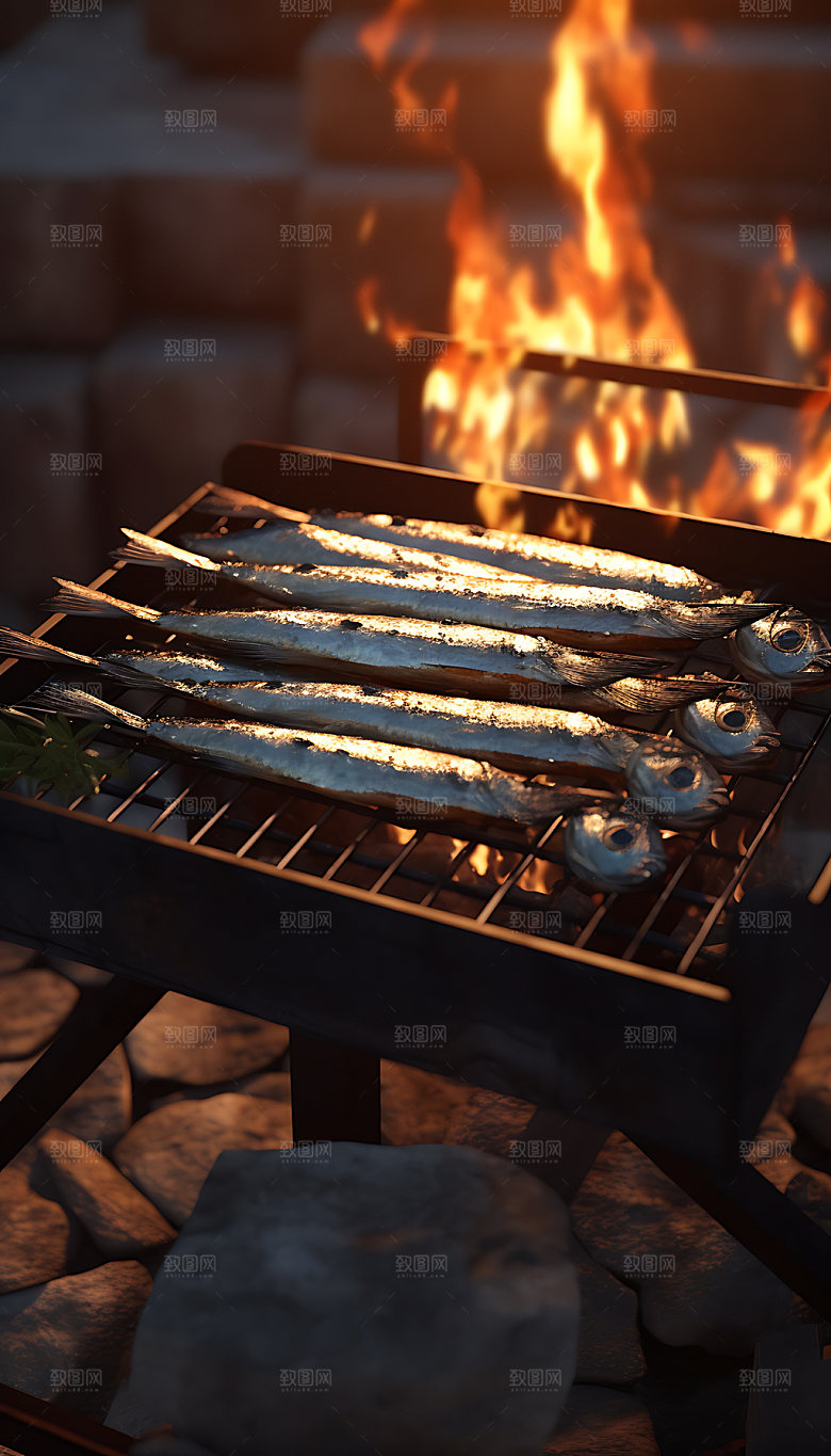 烤秋刀鱼美食夏日摄影图