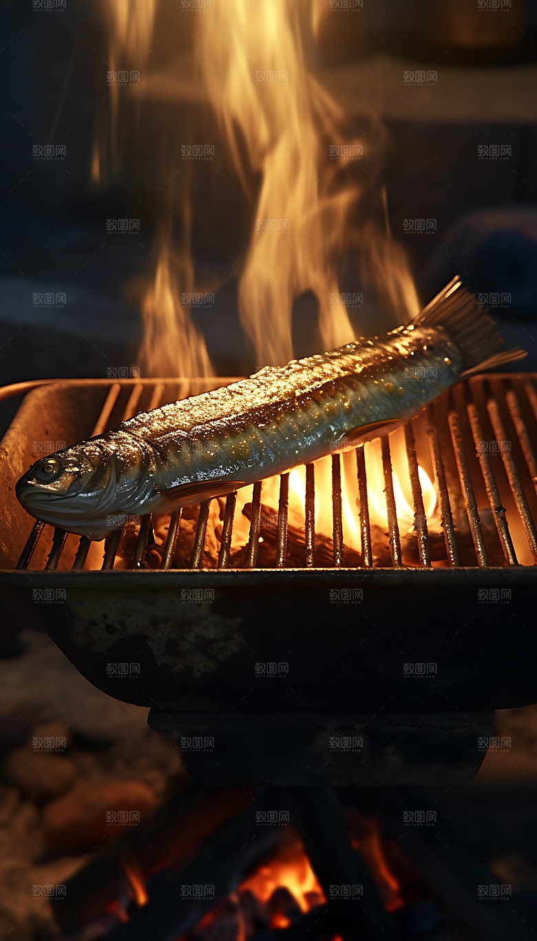 烤秋刀鱼特写美食摄影图
