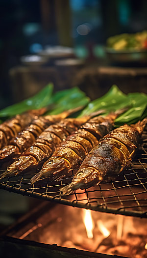 烤秋刀鱼烤串美味摄影图