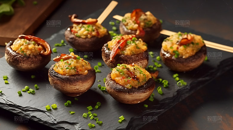 烤香菇烤蔬菜烤串摄影图