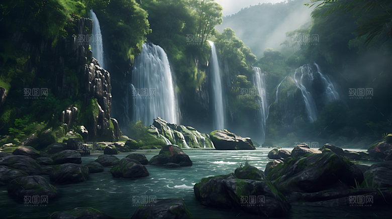 瀑布山水风光摄影图