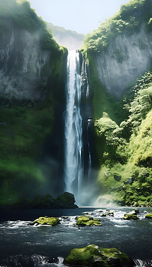 瀑布高山流水山水摄影图