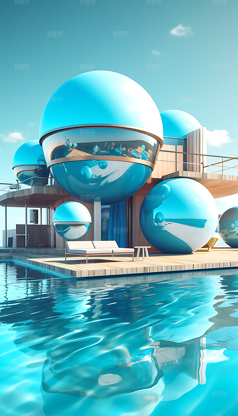 泳池3D度假别墅插画