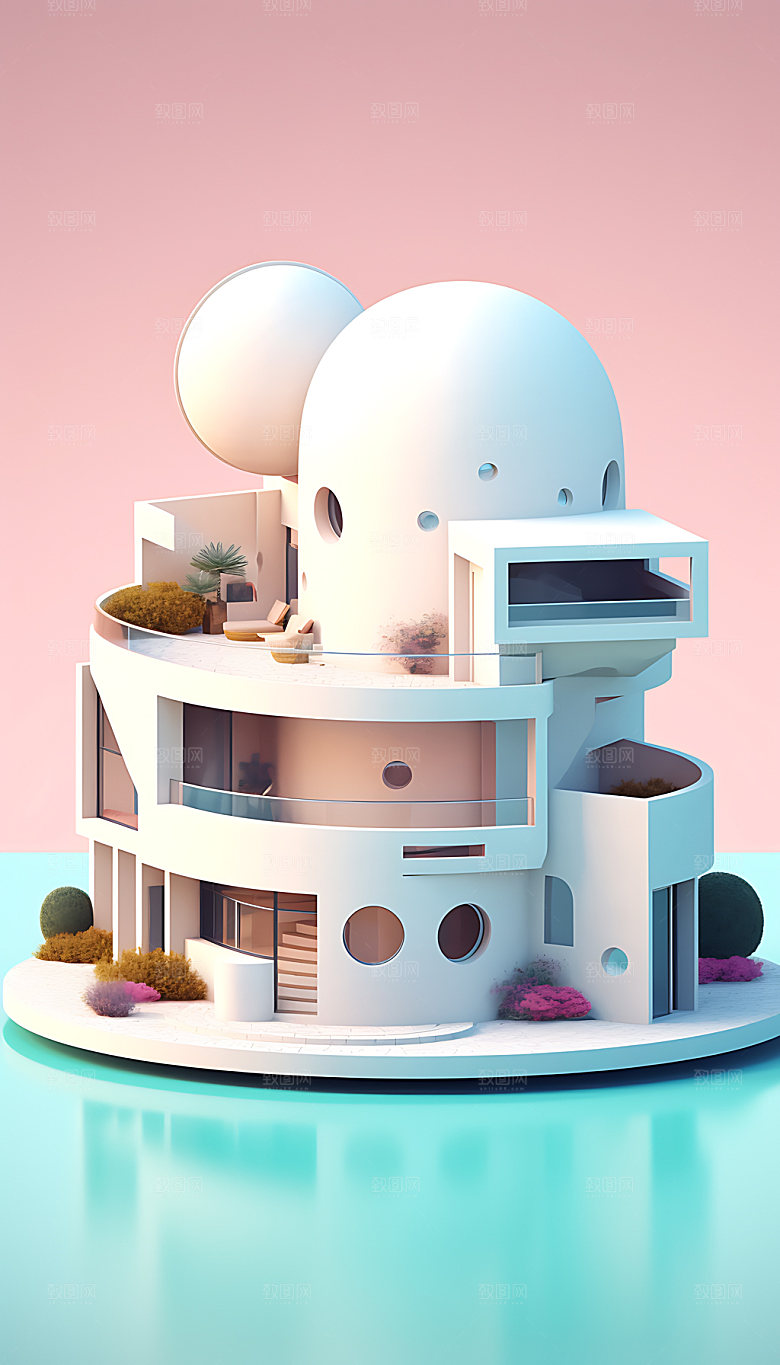 泳池度假别墅模型插画