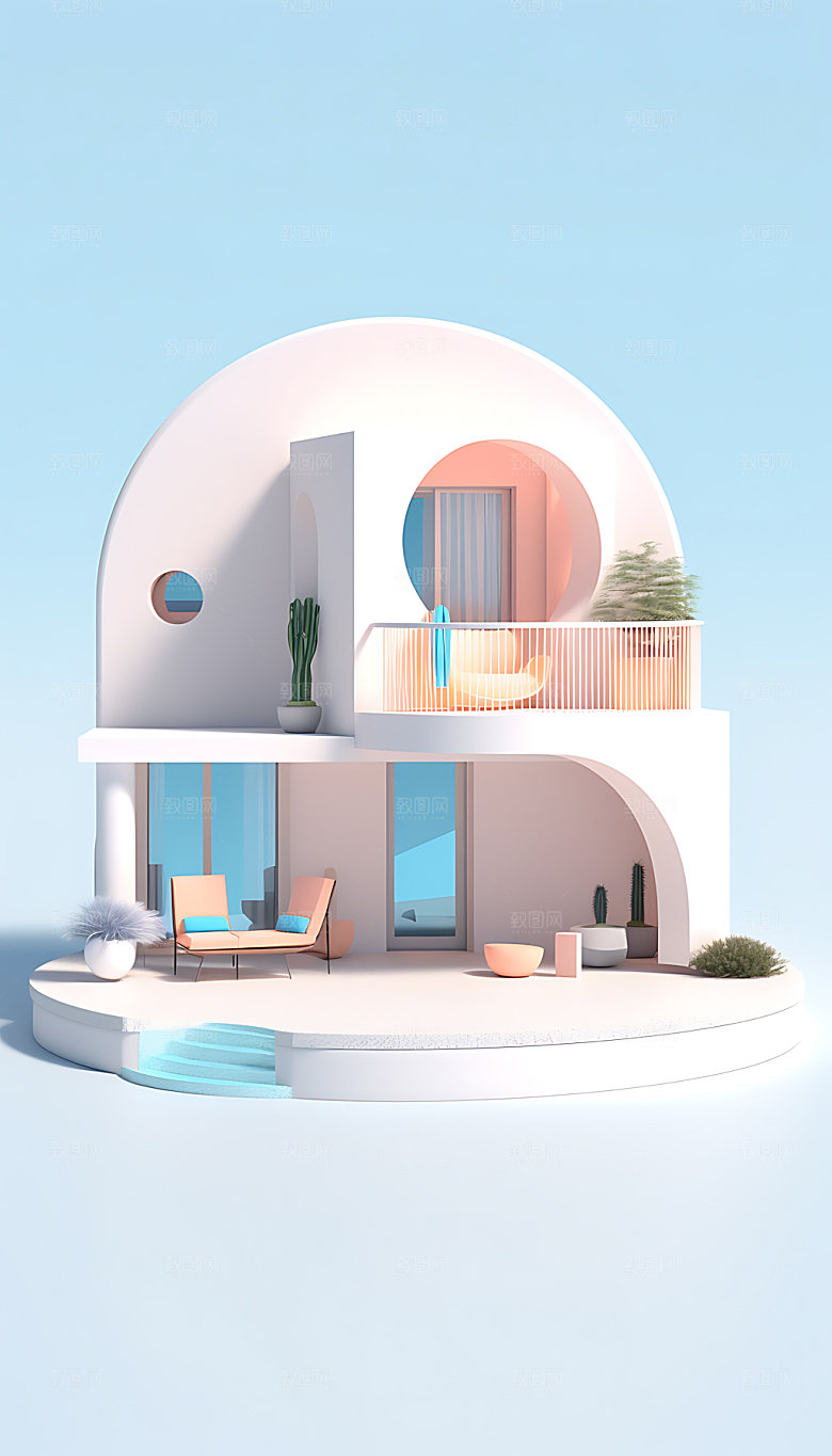 泳池度假别墅3D插画