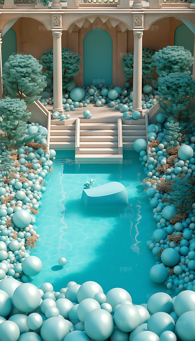 泳池度假别墅创意插画
