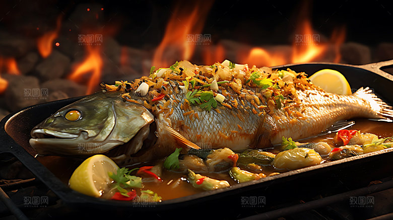 炭烤烤鱼美食烧烤摄影图
