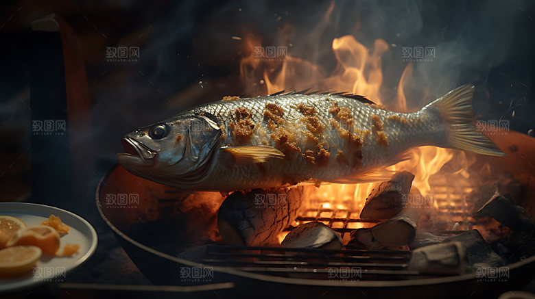 炭烤烤鱼美味夏季摄影图